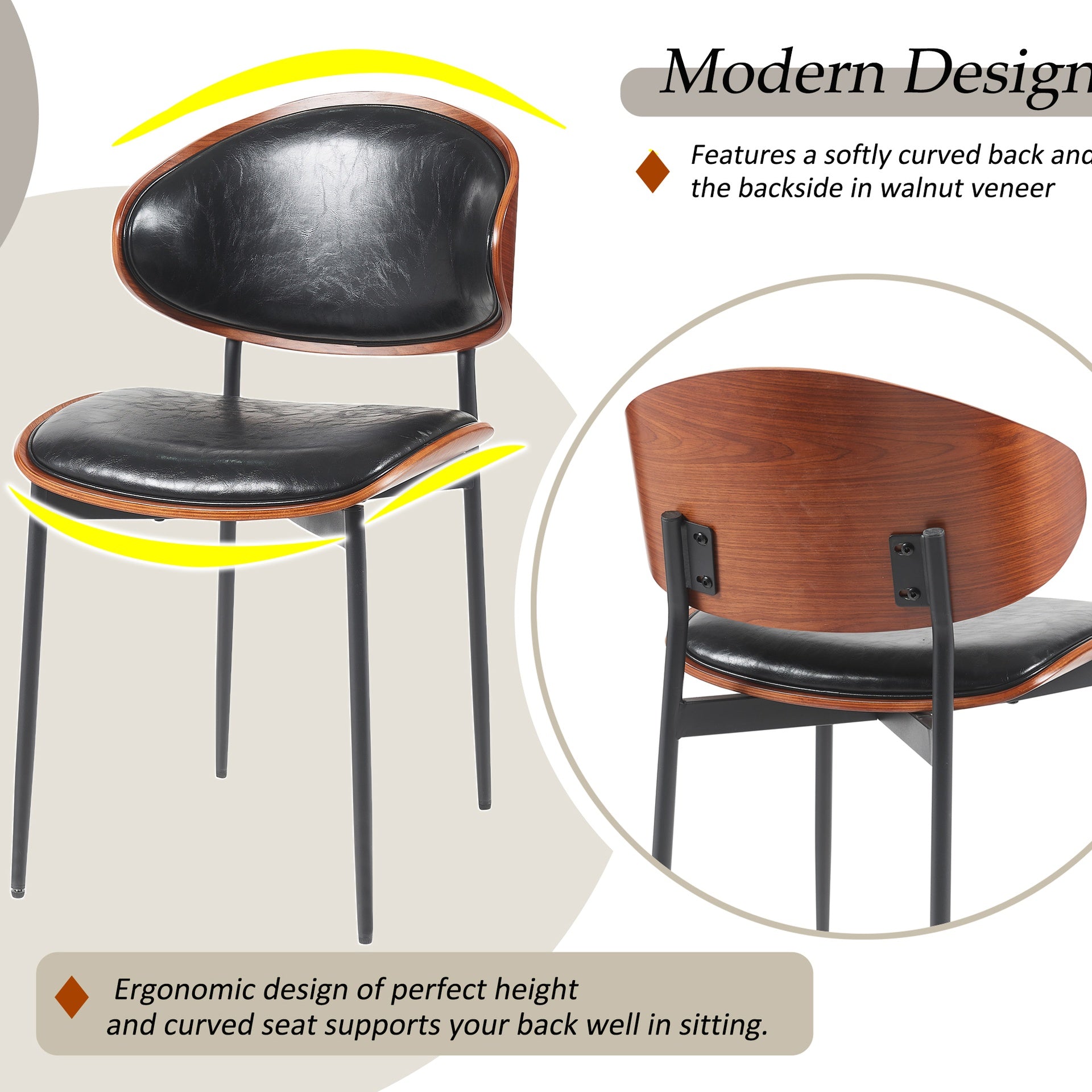 Mid-Century Modern Dining Chairs Set of 2 – Italian-Inspired Bentwood Design with Matte Metal Legs & Luxe PU Leather Seating