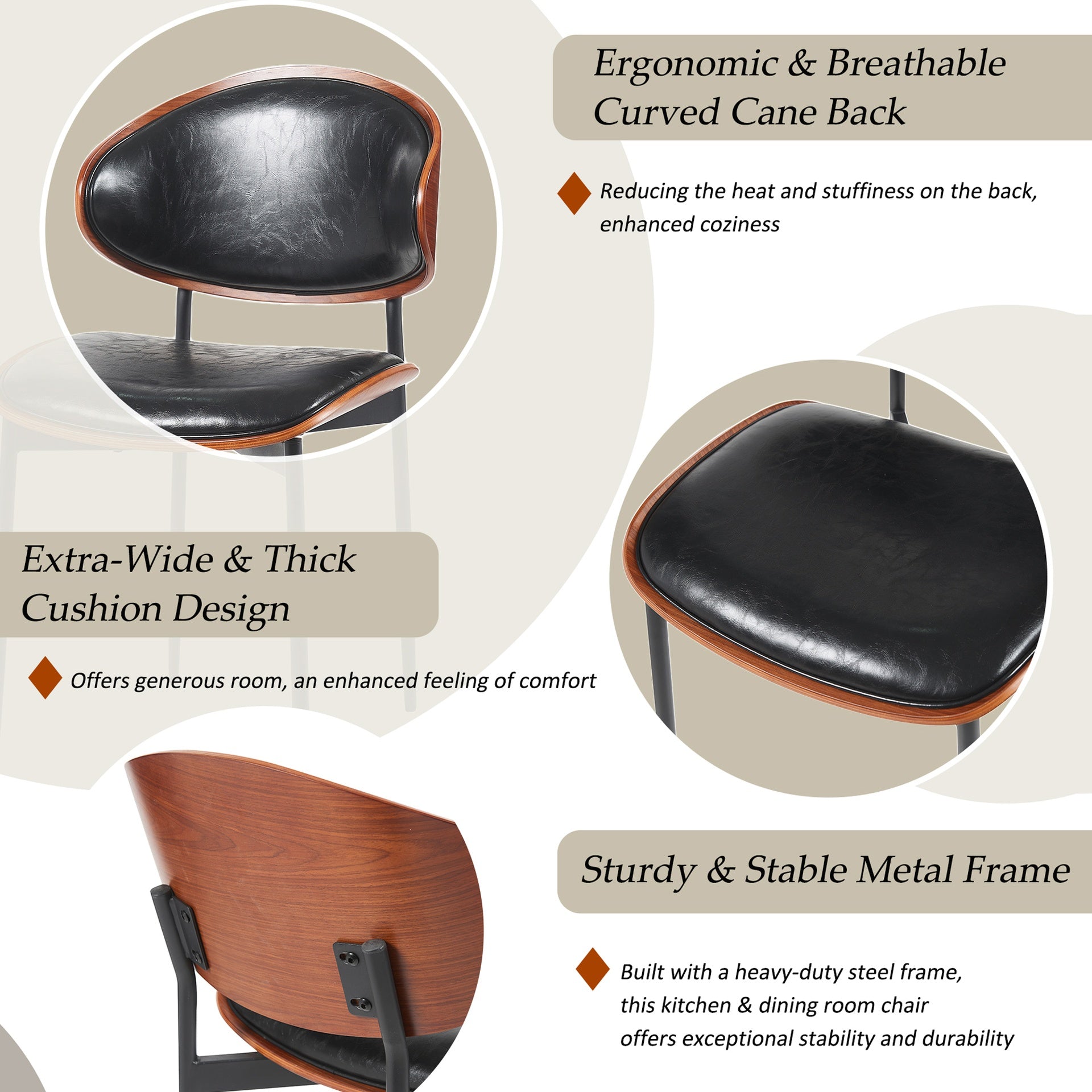 Mid-Century Modern Dining Chairs Set of 2 – Italian-Inspired Bentwood Design with Matte Metal Legs & Luxe PU Leather Seating