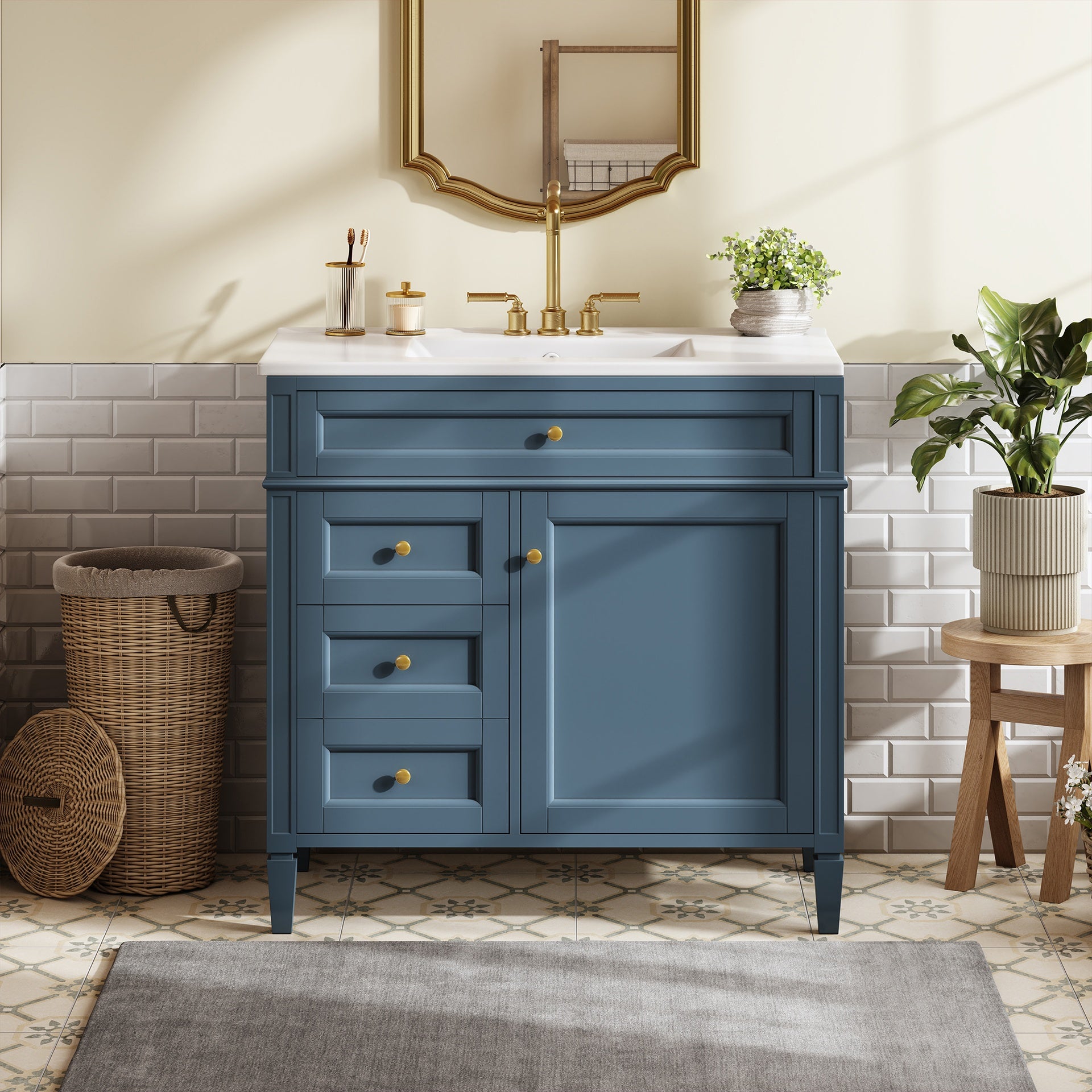 36'' Bathroom Vanity with Top Sink, Modern Bathroom Storage Cabinet with 2 Drawers and a Tip-out Drawer, Single Sink Bathroom Vanity