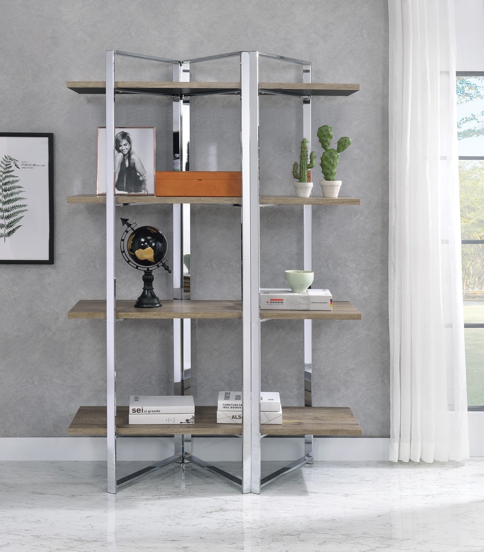 Natural and Chrome 4-Shelf Bookshelf