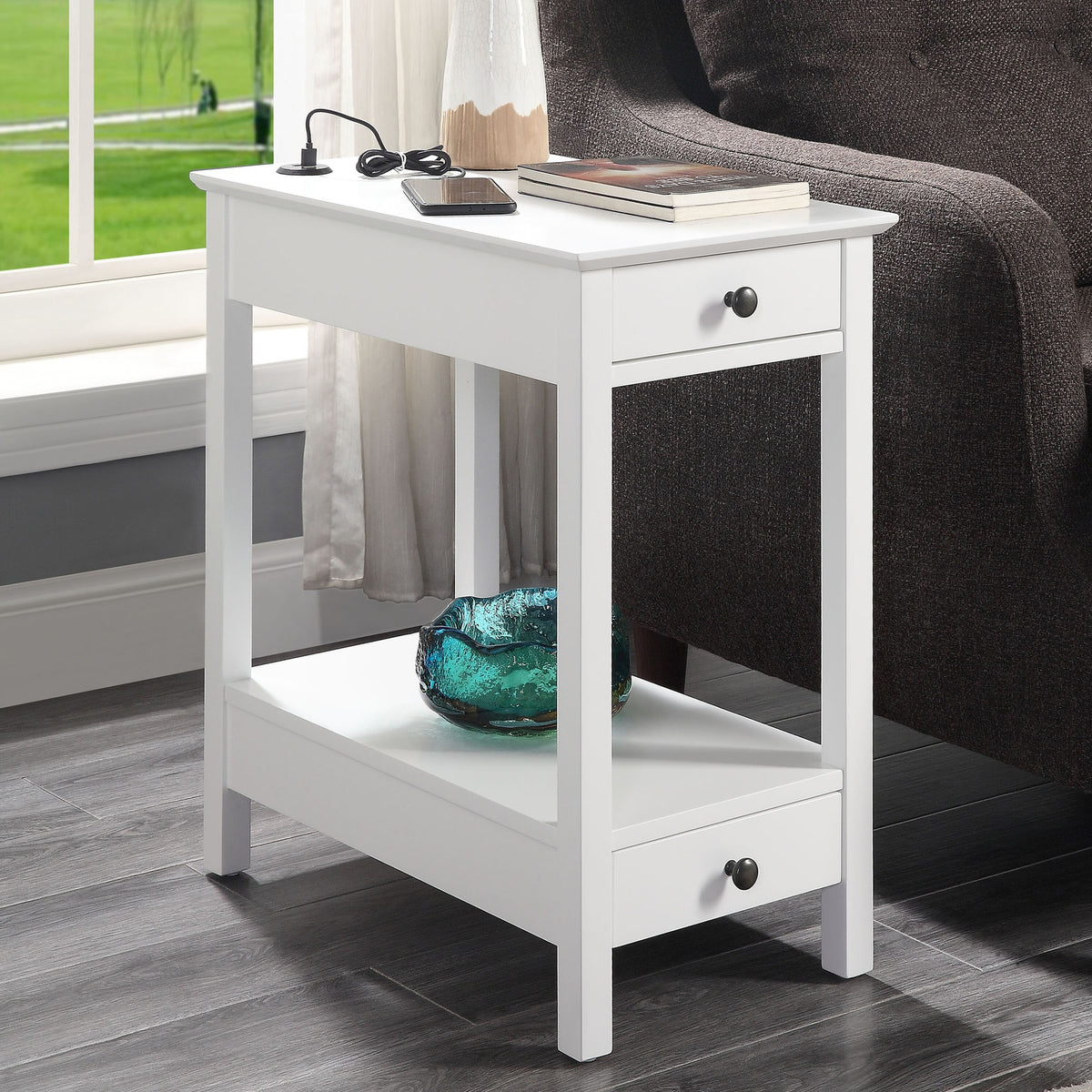 White Storage Accent Table with USB