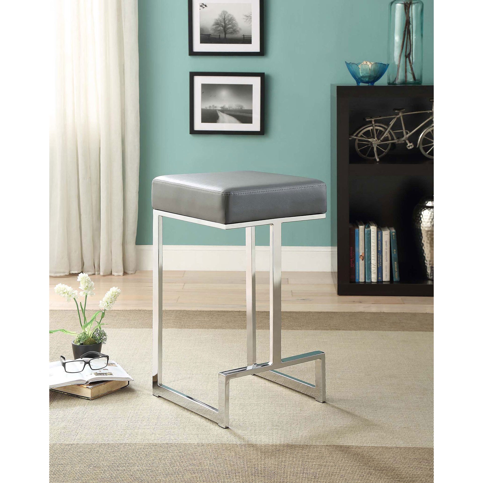 Grey and Chrome Upholstered Counter Height Stool