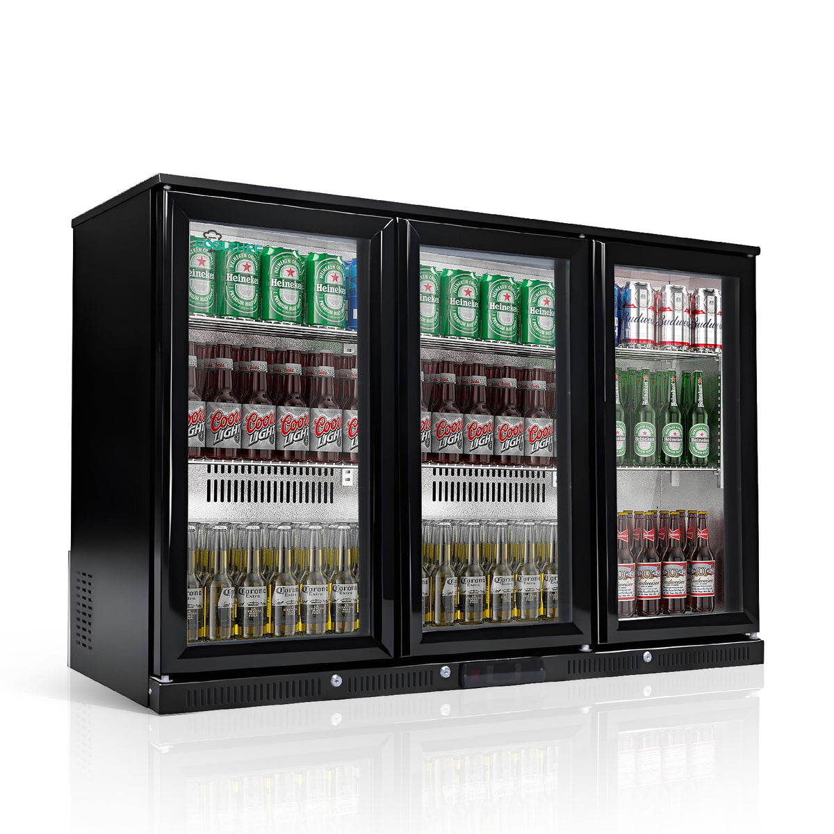 3 Glass Door Swing Glass Door Back Bar Refrigerator – R290 Refrigerant, COPELAND Digital Control, LED Lighting, 50mm Insulation, Low Noise, ETL & DOE Certified