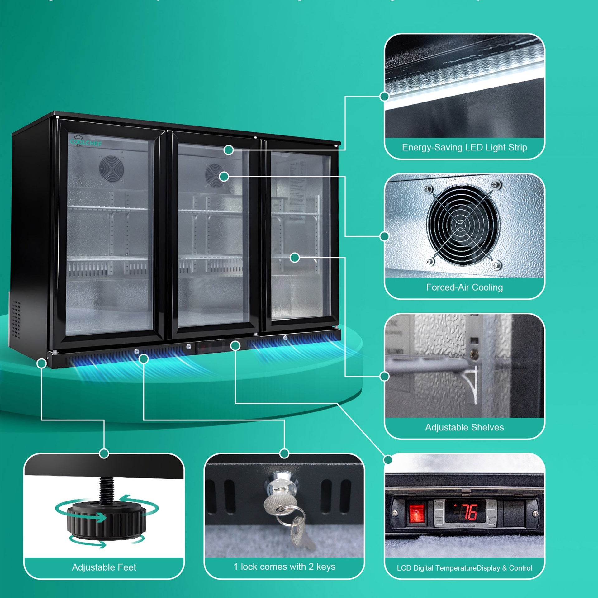 3 Glass Door Swing Glass Door Back Bar Refrigerator – R290 Refrigerant, COPELAND Digital Control, LED Lighting, 50mm Insulation, Low Noise, ETL & DOE Certified