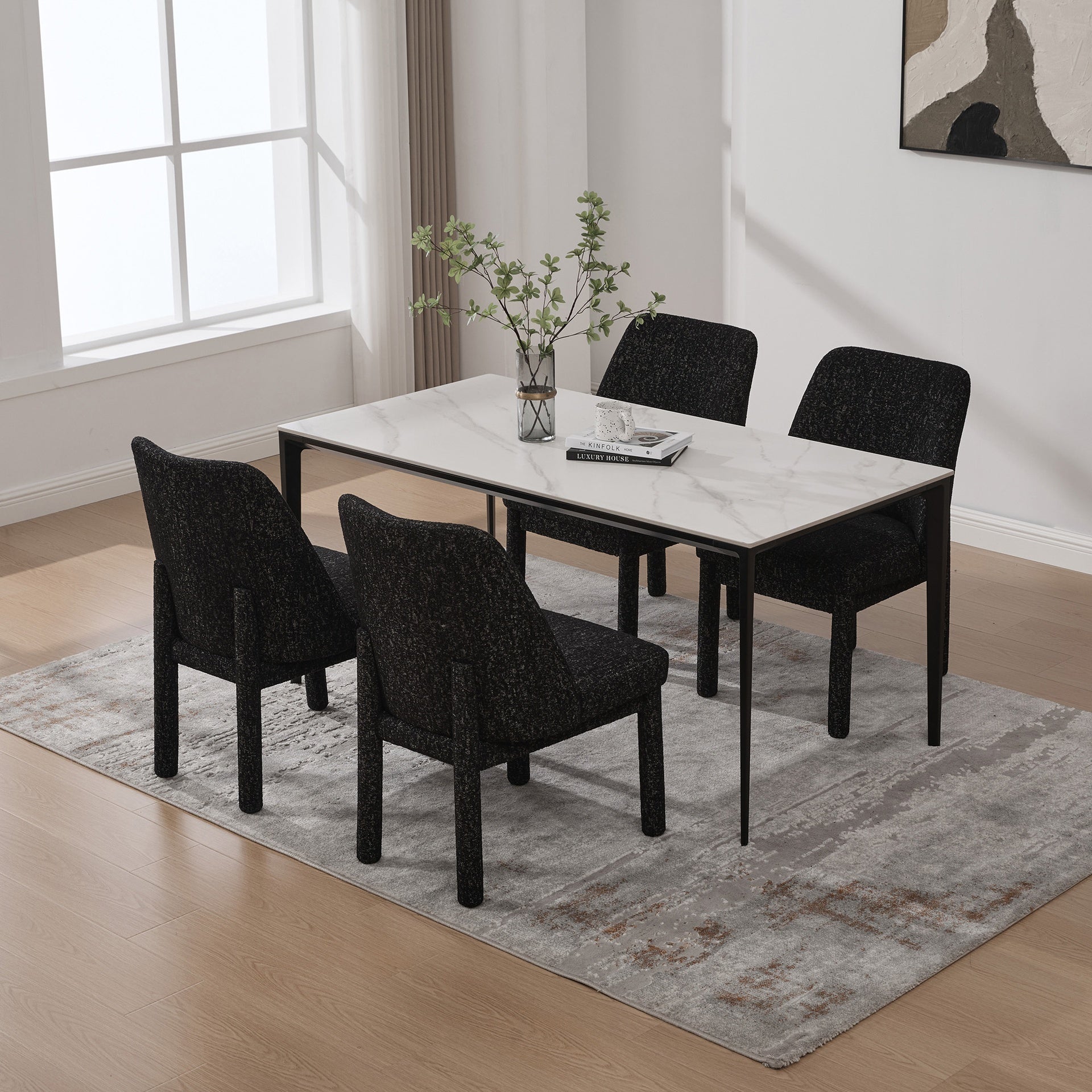 21.46" Wide Modern Minimalist Dining Chair Set Of 4, Chenille Upholstered, Rubberwood Legs, High Curved Backrest, Suitable For Dining Room, Kitchen, Living Room, Bedroom, Apartment, Black/Gray