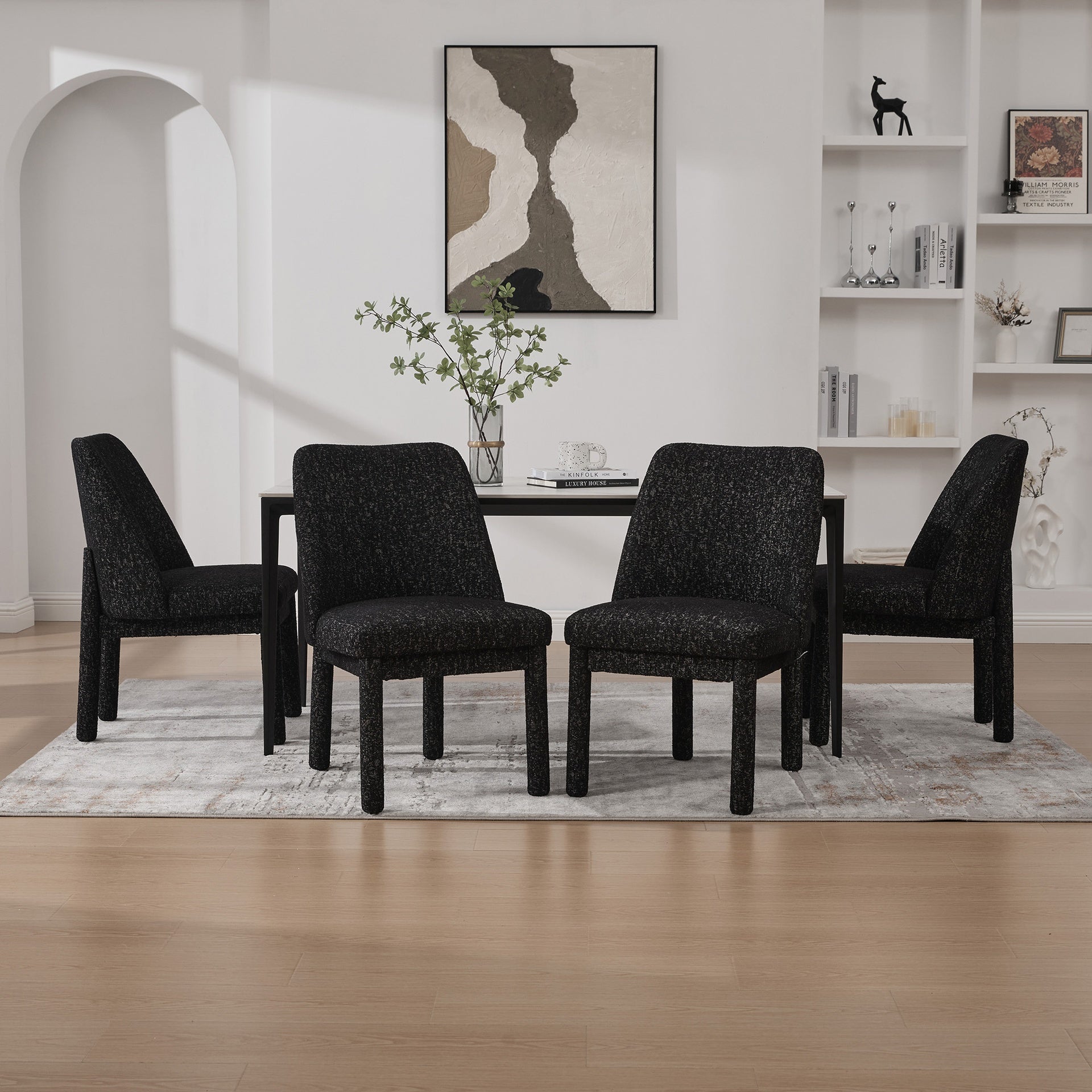 21.46" Wide Modern Minimalist Dining Chair Set Of 4, Chenille Upholstered, Rubberwood Legs, High Curved Backrest, Suitable For Dining Room, Kitchen, Living Room, Bedroom, Apartment, Black/Gray