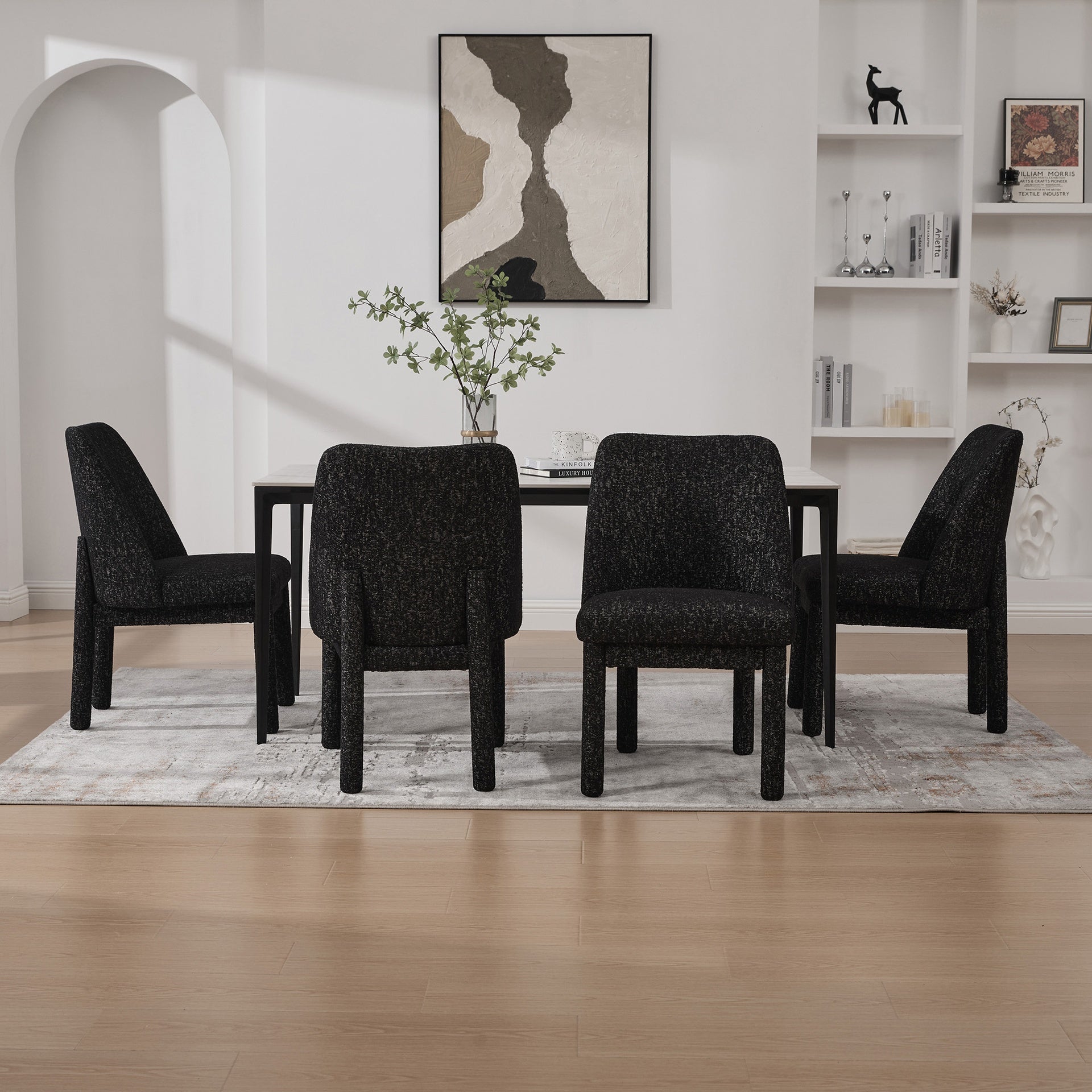21.46" Wide Modern Minimalist Dining Chair Set Of 4, Chenille Upholstered, Rubberwood Legs, High Curved Backrest, Suitable For Dining Room, Kitchen, Living Room, Bedroom, Apartment, Black/Gray