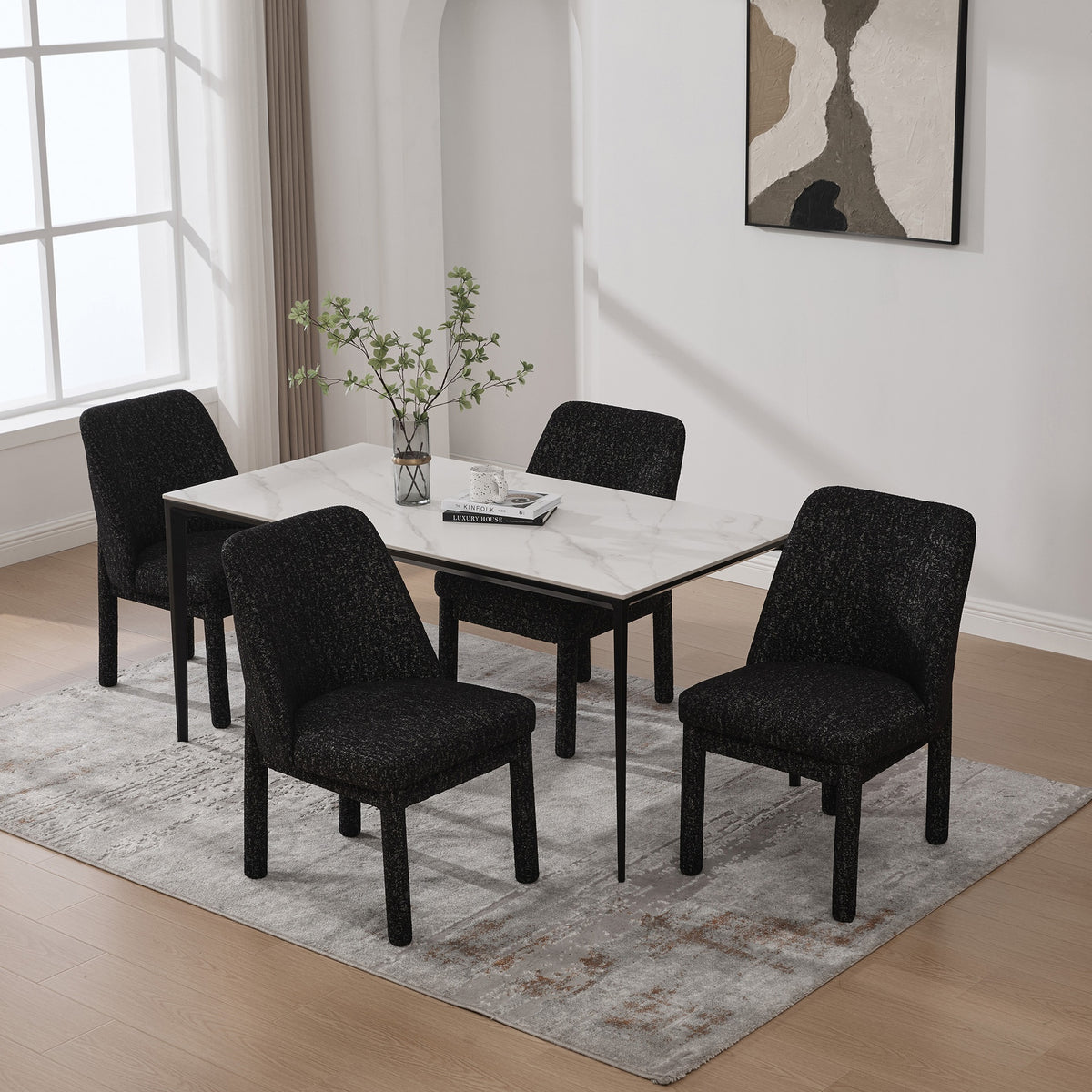 21.46" Wide Modern Minimalist Dining Chair Set Of 4, Chenille Upholstered, Rubberwood Legs, High Curved Backrest, Suitable For Dining Room, Kitchen, Living Room, Bedroom, Apartment, Black/Gray