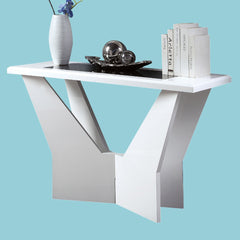 White Finish 1pc Sofa Table Contemporary style High Gloss Top Tempered Glass Geometric Base white
