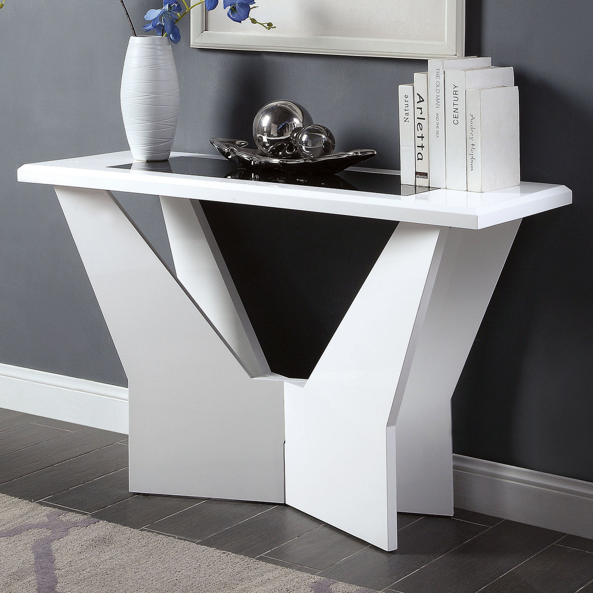 White Finish 1pc Sofa Table Contemporary style High Gloss Top Tempered Glass Geometric Base white
