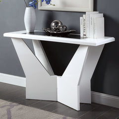 White Finish 1pc Sofa Table Contemporary style High Gloss Top Tempered Glass Geometric Base white