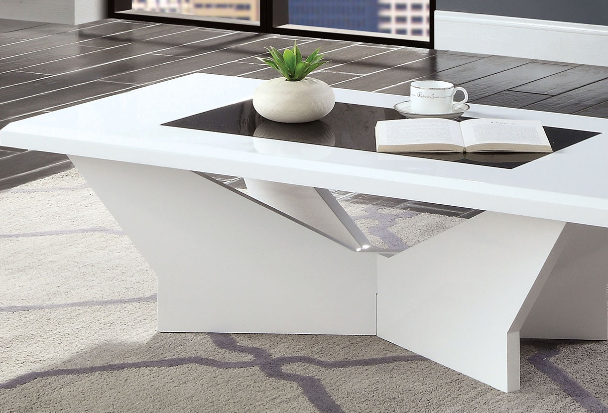 White Finish 1pc Coffee Table Contemporary style high Gloss Top Tempered Glass Geometric Base white