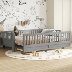 Twin XL Size Platform Bed with Guardrails, Solid Wood Twin XL Bed Frame, Can Be Converted into a Queen Platform Bed,Gray