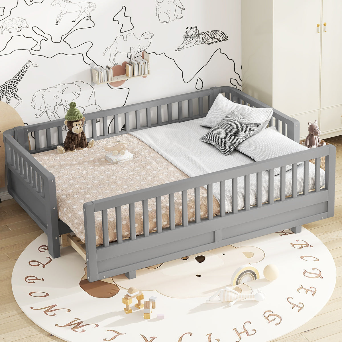 Twin XL Size Platform Bed with Guardrails, Solid Wood Twin XL Bed Frame, Can Be Converted into a Queen Platform Bed,Gray