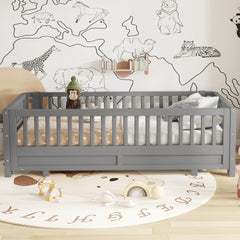 Twin XL Size Platform Bed with Guardrails, Solid Wood Twin XL Bed Frame, Can Be Converted into a Queen Platform Bed,Gray