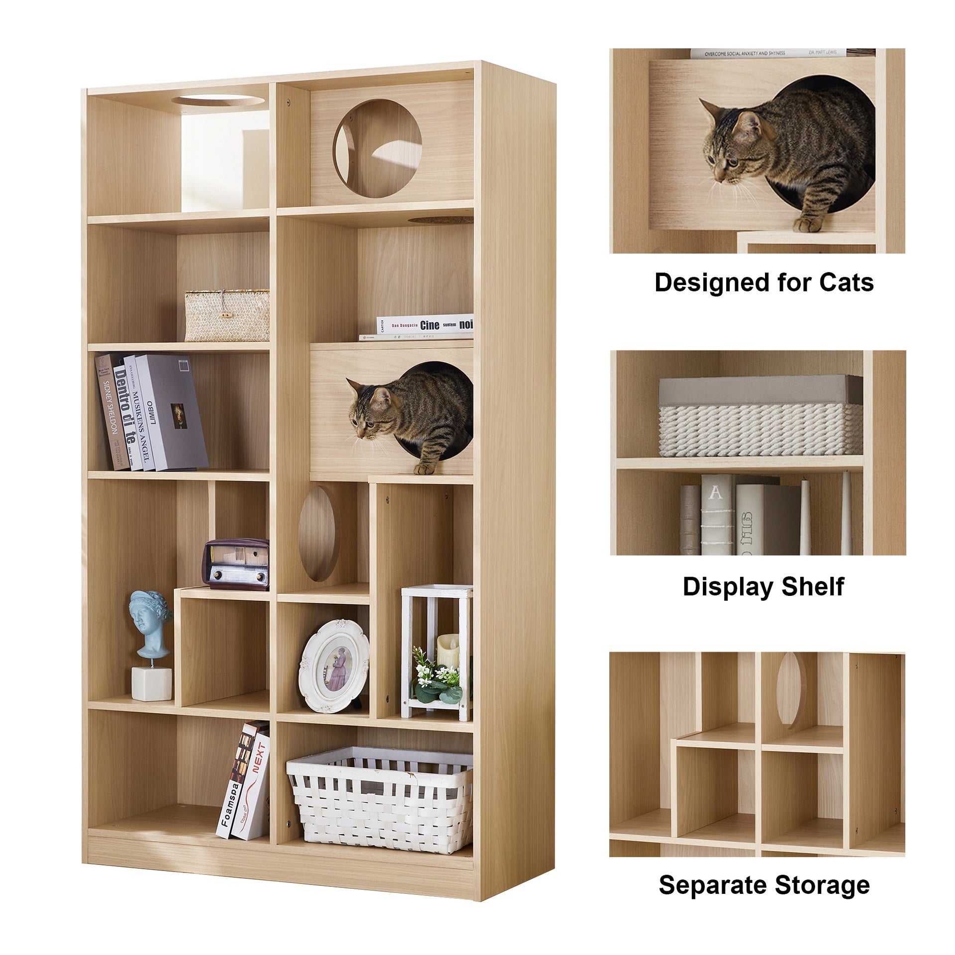 Modern 2 IN 1 Wood Bookshelf  Cat House, Cat Tree Display Case with Storage, Cat Litter Box Enclosure Climbing Shelf