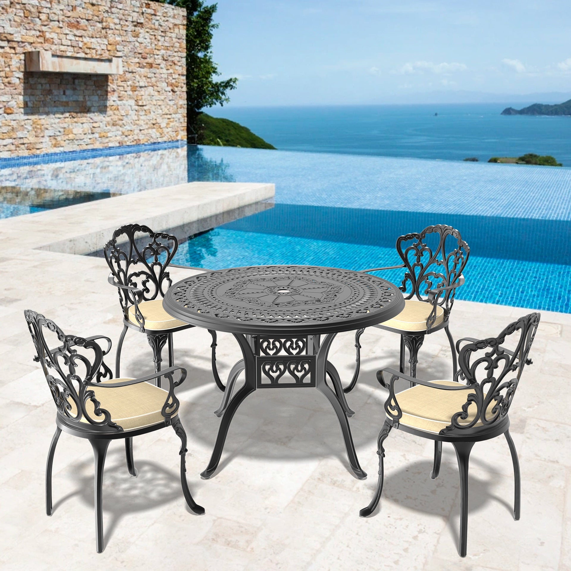 5-Piece Set Of Cast Aluminum Patio Furniture With Off-white Cushions (same as W1710S00548)
