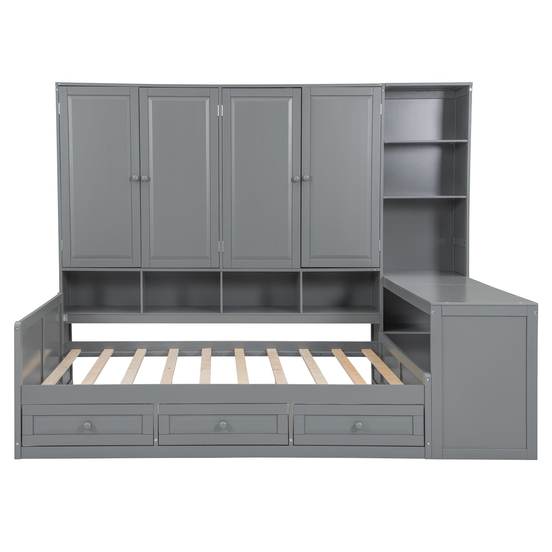 Full Size Wooden Daybed With Three Drawers, and All-in-One Cabinet, Desk and Shelves, Gray