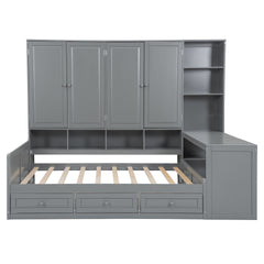Full Size Wooden Daybed With Three Drawers, and All-in-One Cabinet, Desk and Shelves, Gray
