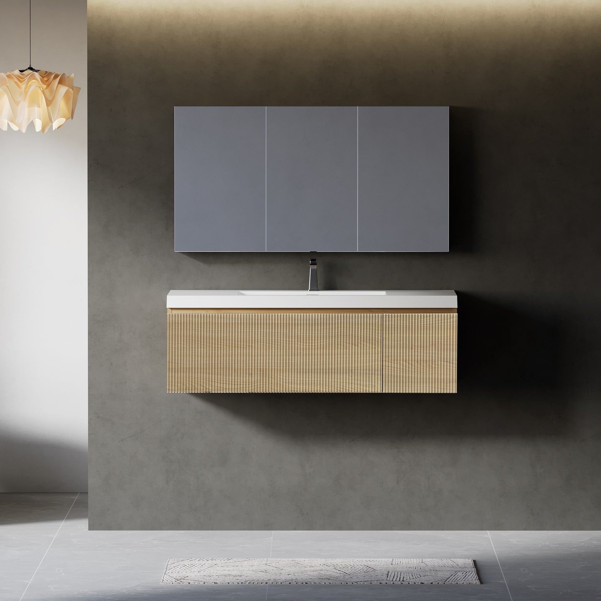48'' Floating Bathroom Vanity with Sink, Wall-Mounted Striped Storage Cabinet with Soft-Close Drawer and Glossy White Solid Surface Basin, Fully Assembled, Natural Oak 24V16-48NOW-W1920P385458
