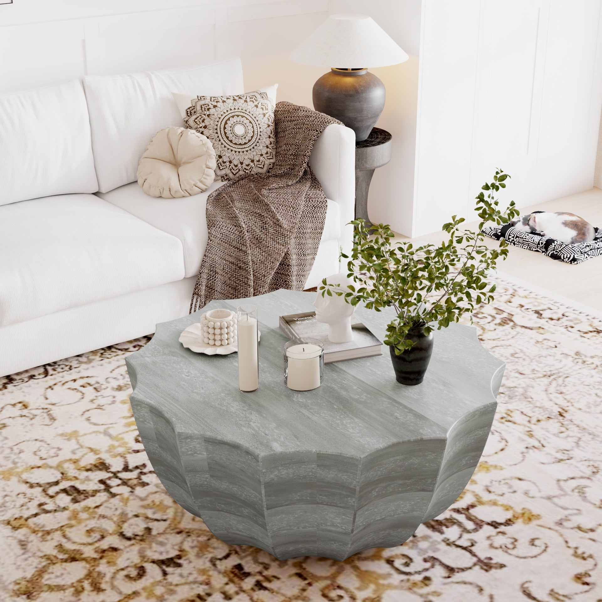 35.43" Modern Outdoor and Indoor Waterproof Coffee Table, Durable MgO Cement Design, Suitable for Terraces, Gardens, Backyards and Living Rooms (Marble white)