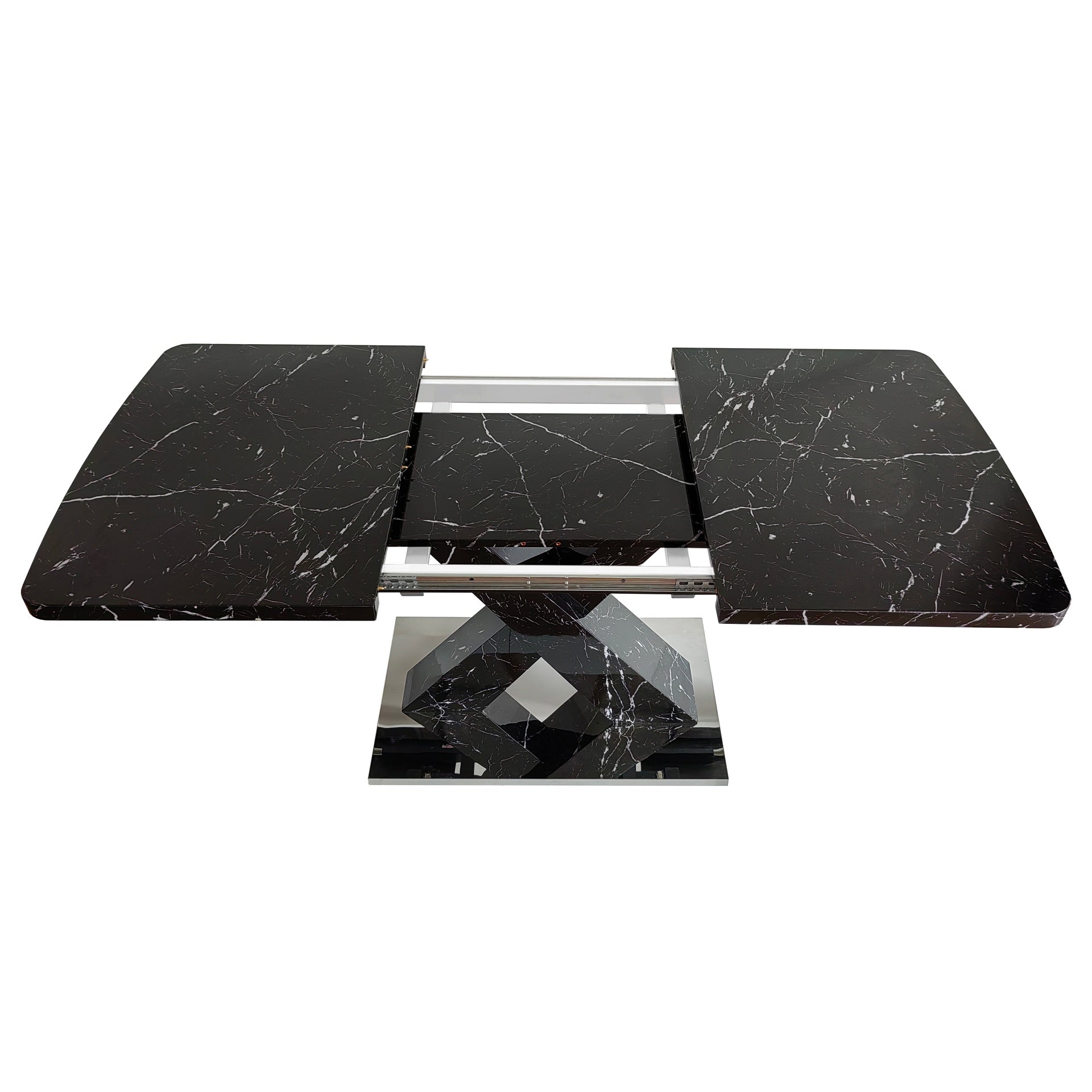 Modern Rectangle Dining Table,Stretchable,Printed Black Marble Table Top+MDF X-Shape Table Leg with Metal Base (Same SKU:W757S00012)