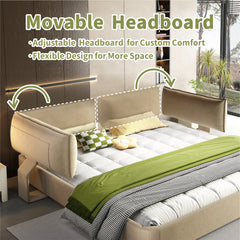 King Size Cloud Bed Frame with Oversized Padded Movable Headboard, Chenille Upholstered Bed with Round Corner,Metal + Solid Wooden Slat Double Support,No Box Spring Needed,Camel