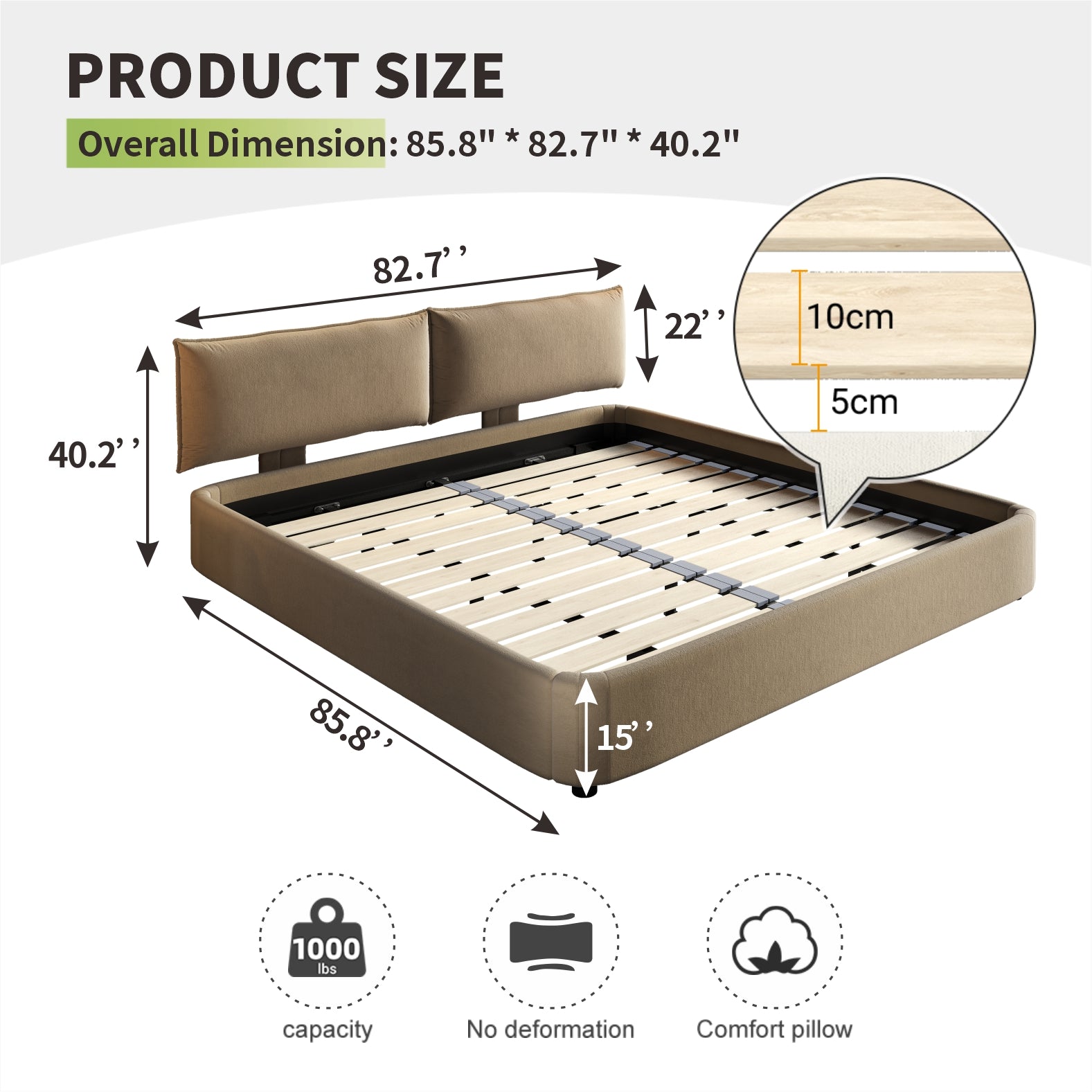 King Size Cloud Bed Frame with Oversized Padded Movable Headboard, Chenille Upholstered Bed with Round Corner,Metal + Solid Wooden Slat Double Support,No Box Spring Needed,Camel