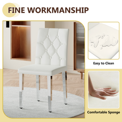 Table and chair set.Modern glass round table: 39 inch diameter, X-shaped silver metal bracket. Paired with 4 WHITE PU dining chairs with ergonomic buckle backrest.Suitable for restaurants, kitchens.