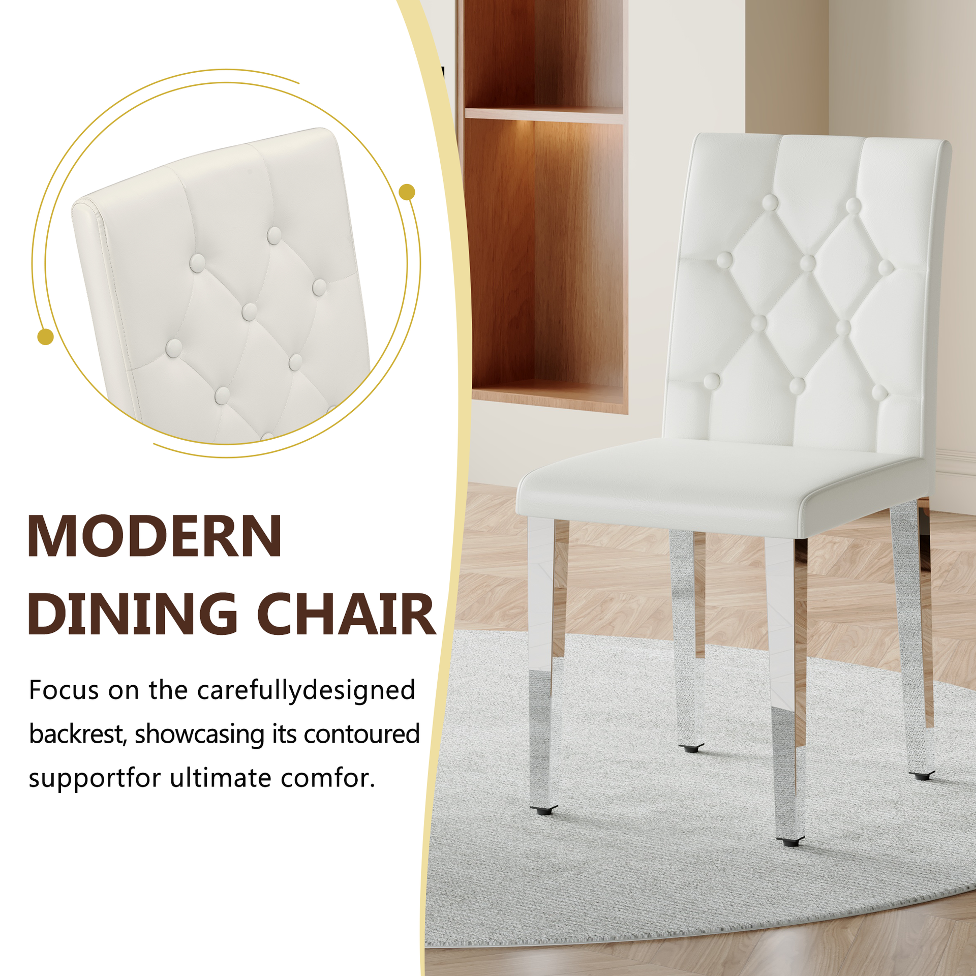 Table and chair set.Modern glass round table: 39 inch diameter, X-shaped silver metal bracket. Paired with 4 WHITE PU dining chairs with ergonomic buckle backrest.Suitable for restaurants, kitchens.