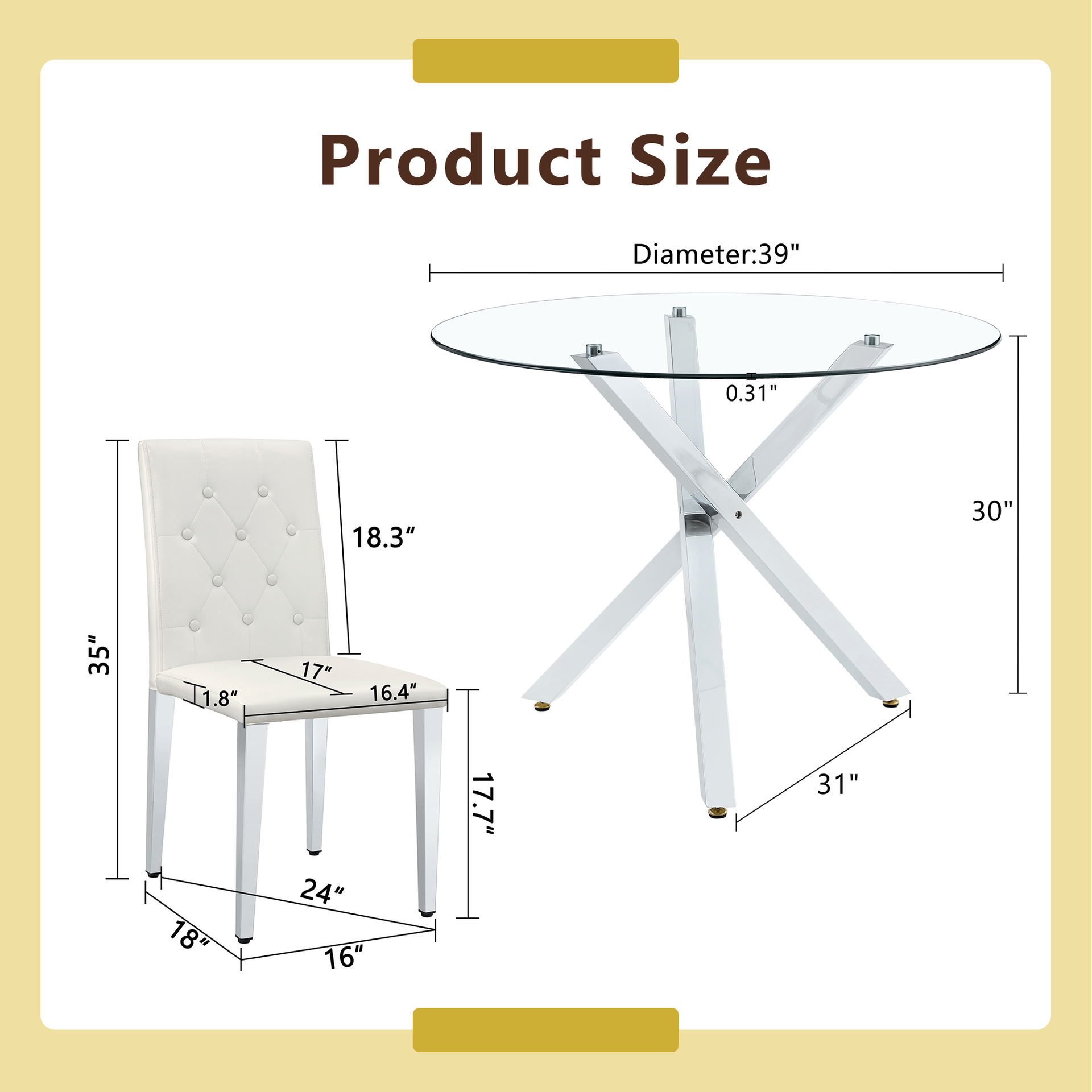 Table and chair set.Modern glass round table: 39 inch diameter, X-shaped silver metal bracket. Paired with 4 WHITE PU dining chairs with ergonomic buckle backrest.Suitable for restaurants, kitchens.