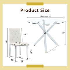 Table and chair set.Modern glass round table: 39 inch diameter, X-shaped silver metal bracket. Paired with 4 WHITE PU dining chairs with ergonomic buckle backrest.Suitable for restaurants, kitchens.
