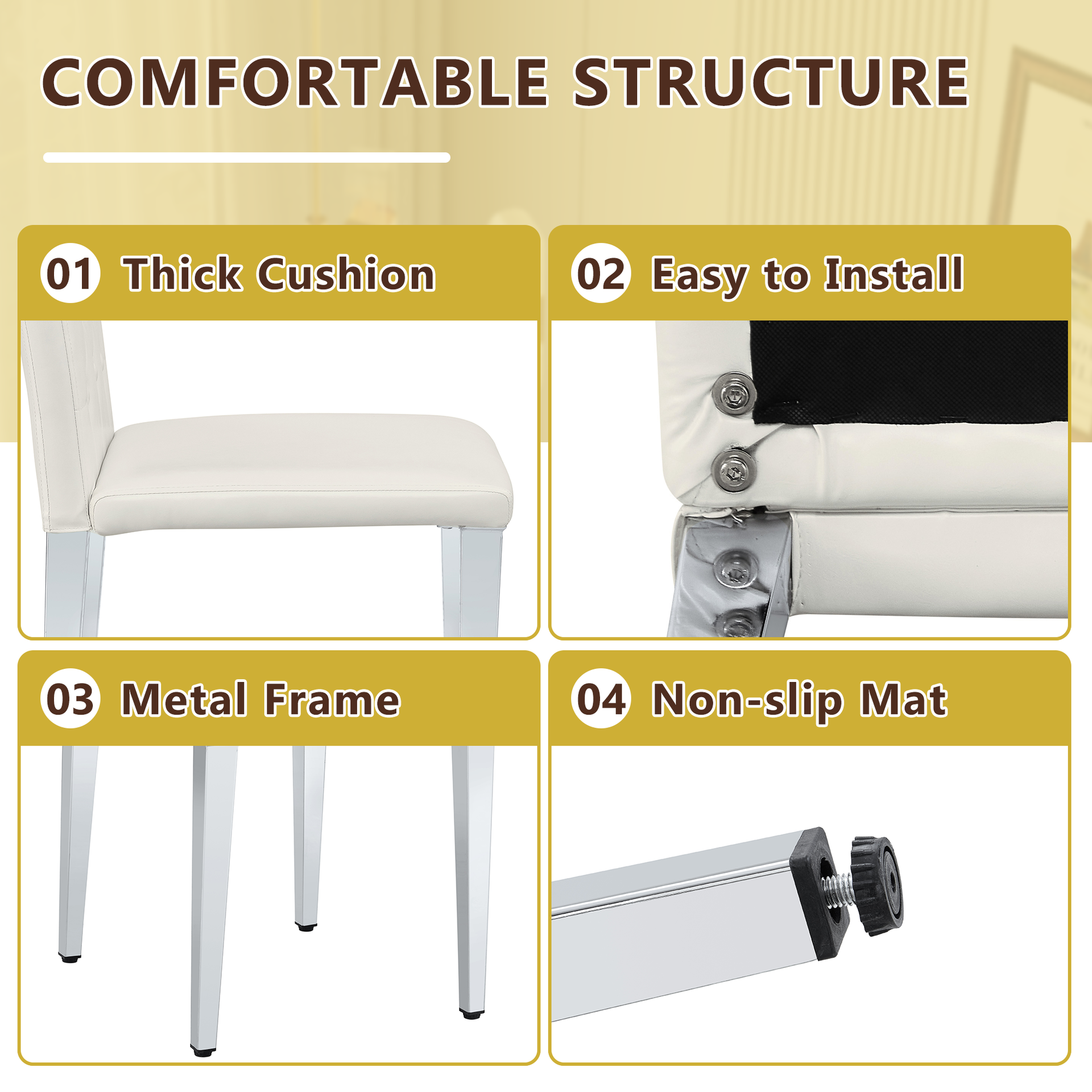 Table and chair set.Modern glass round table: 39 inch diameter, X-shaped silver metal bracket. Paired with 4 WHITE PU dining chairs with ergonomic buckle backrest.Suitable for restaurants, kitchens.