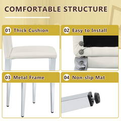 Table and chair set.Modern glass round table: 39 inch diameter, X-shaped silver metal bracket. Paired with 4 WHITE PU dining chairs with ergonomic buckle backrest.Suitable for restaurants, kitchens.