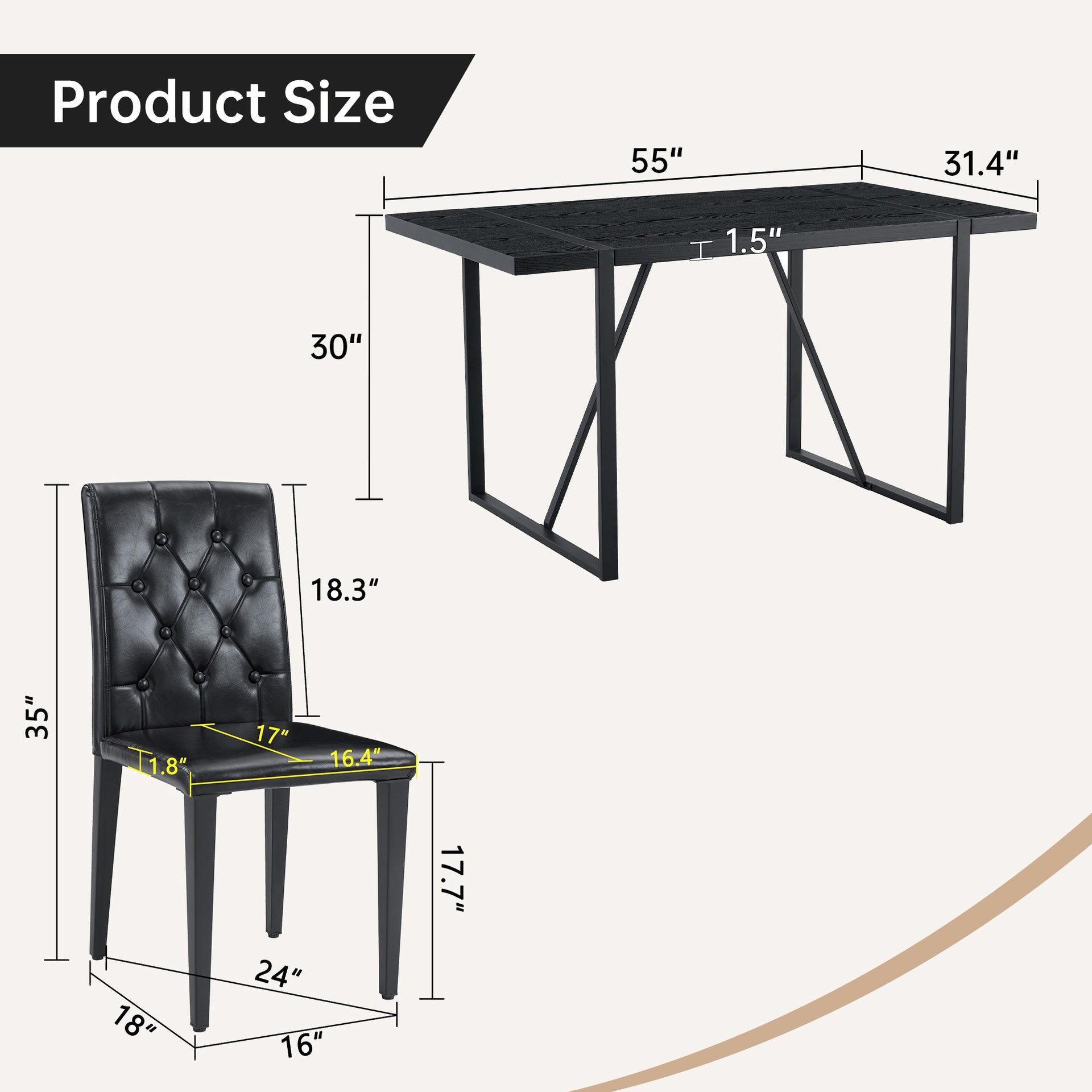 Black Faux Wood Grain MDF Dining Table Set.A minimalist retro rectangular dining table with a black textured top.4-pack black PU dining chairs: ergonomic buckle backrest.Exudes A Sense Of Fashion.