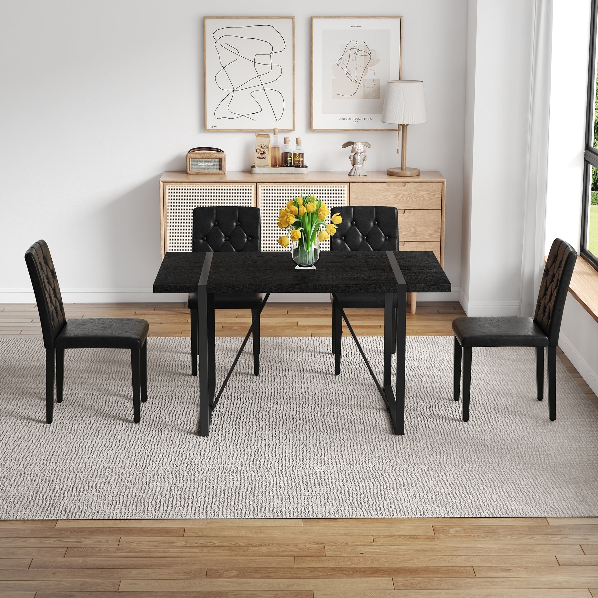 Black Faux Wood Grain MDF Dining Table Set.A minimalist retro rectangular dining table with a black textured top.4-pack black PU dining chairs: ergonomic buckle backrest.Exudes A Sense Of Fashion.