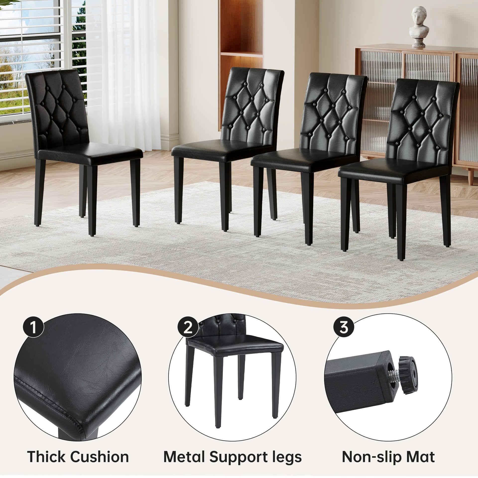 Black Faux Wood Grain MDF Dining Table Set.A minimalist retro rectangular dining table with a black textured top.4-pack black PU dining chairs: ergonomic buckle backrest.Exudes A Sense Of Fashion.