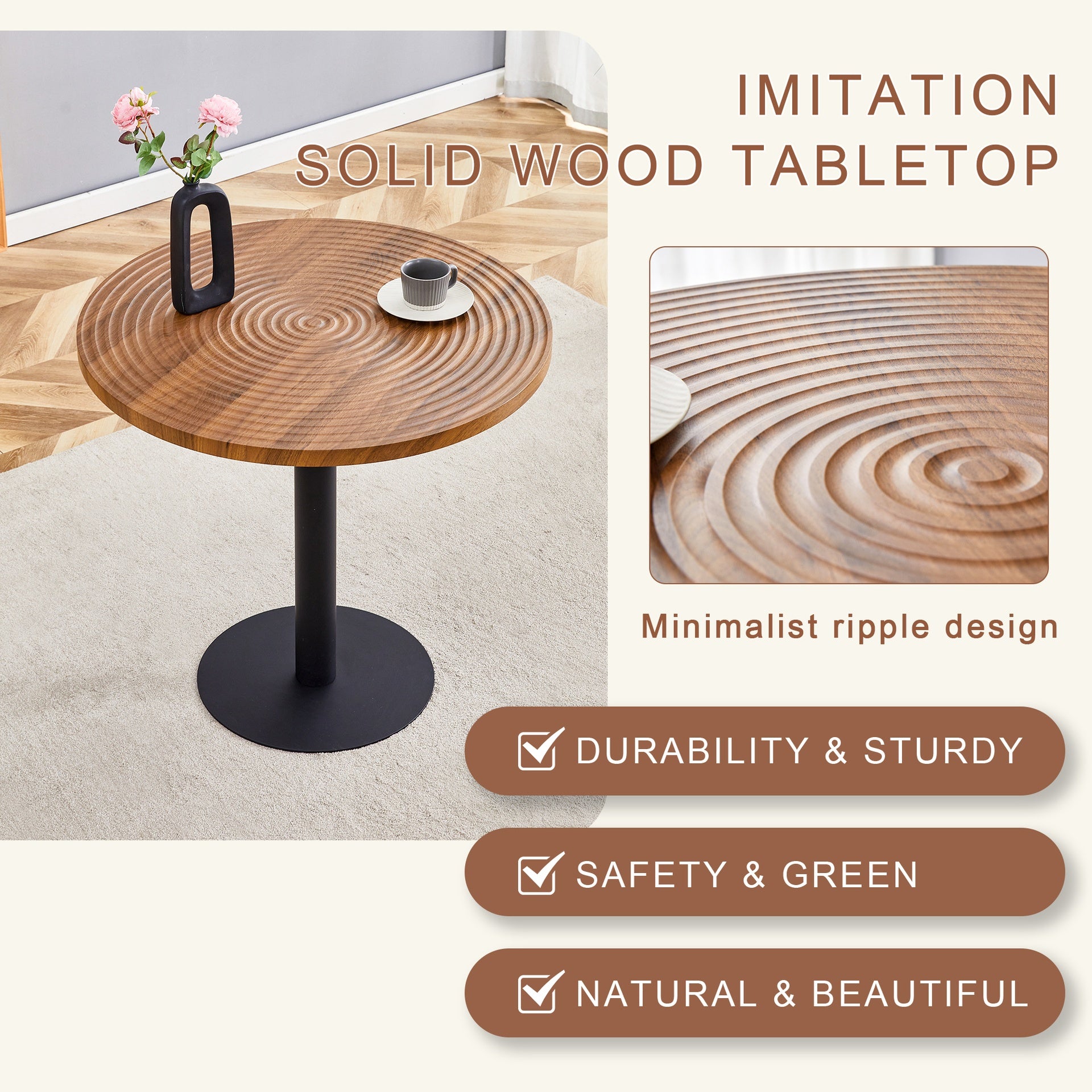Table and chair set.31.5 Inch Dark Wood Grain Round Dining Table - Suction Molding Annular Texture.Paired with 4 Brown and Light Gray Spliced Color PU Dining Chairs.