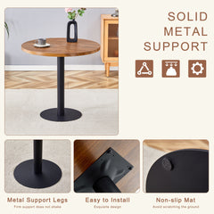 Table and chair set.31.5 Inch Dark Wood Grain Round Dining Table - Suction Molding Annular Texture.Paired with 4 Brown and Light Gray Spliced Color PU Dining Chairs.