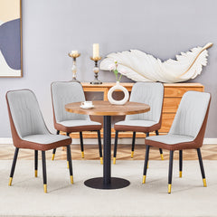 Table and chair set.31.5 Inch Dark Wood Grain Round Dining Table - Suction Molding Annular Texture.Paired with 4 Brown and Light Gray Spliced Color PU Dining Chairs.