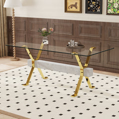 Dining table. Modern tempered glass dining table. Large modern office desk with gold plated metal legs and gray MDF crossbars, suitable for both home and office use. Kitchen. 71 ''x35.4''x30 '' 1105