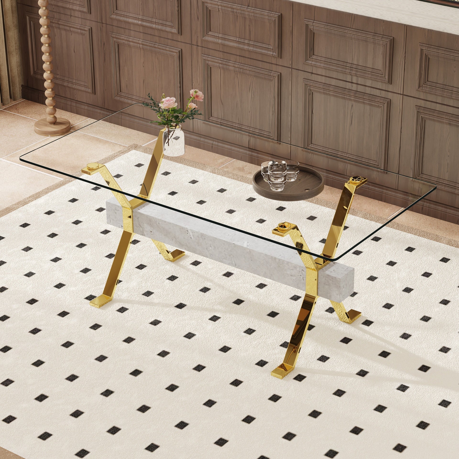 Dining table. Modern tempered glass dining table. Large modern office desk with gold plated metal legs and gray MDF crossbars, suitable for both home and office use. Kitchen. 71 ''x35.4''x30 '' 1105