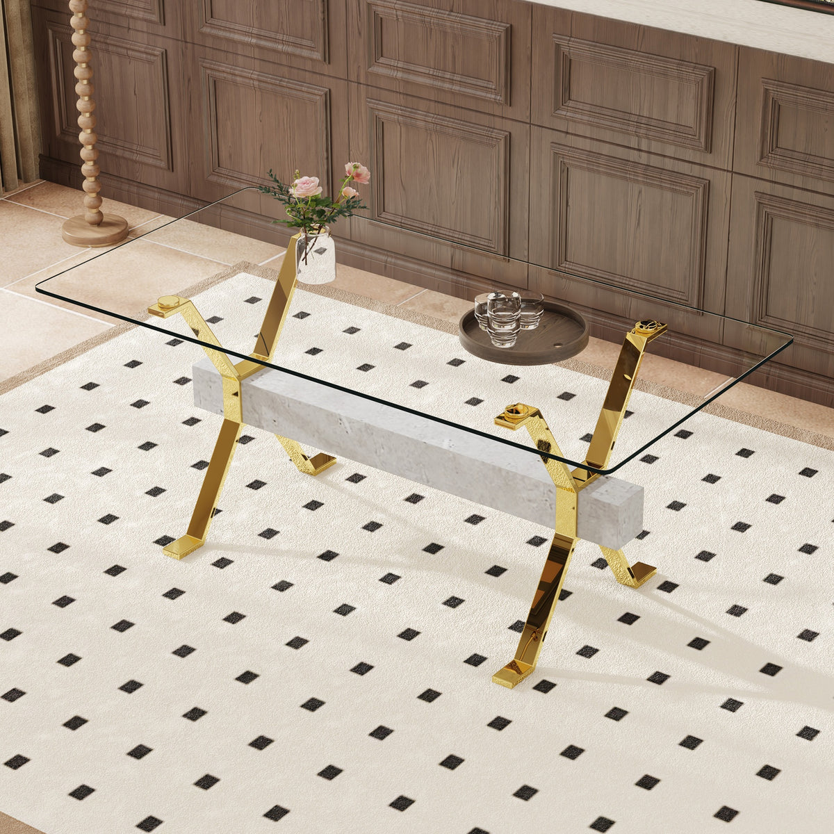 Dining table. Modern tempered glass dining table. Large modern office desk with gold plated metal legs and gray MDF crossbars, suitable for both home and office use. Kitchen. 71 ''x35.4''x30 '' 1105