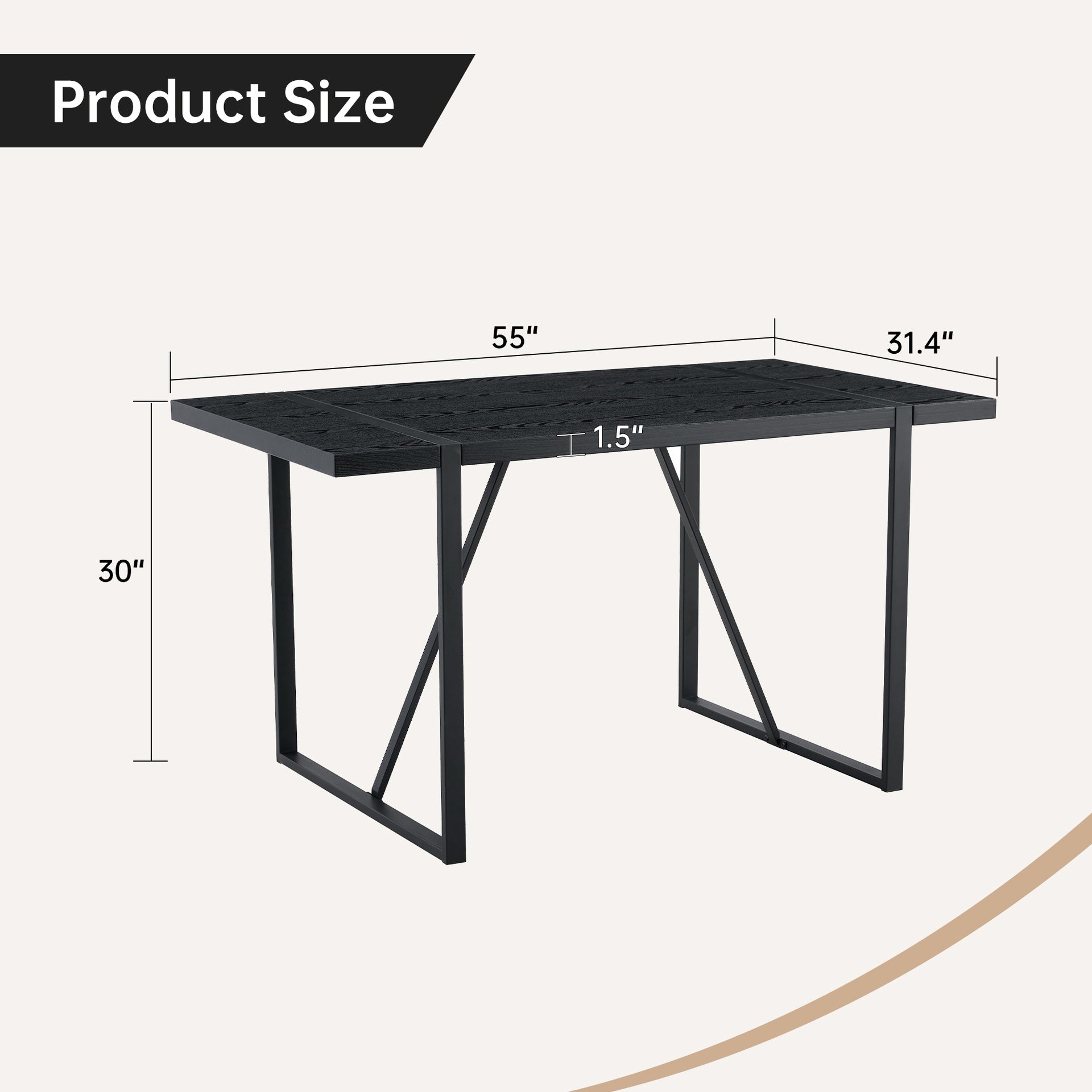A 55-Inch minimalist retro rectangular dining table with a black textured top with Inset Rectangular Black Metal legs.Minimalist MDF Tabletop.Meeting various purposes such as dining and working.