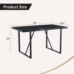 A 55-Inch minimalist retro rectangular dining table with a black textured top with Inset Rectangular Black Metal legs.Minimalist MDF Tabletop.Meeting various purposes such as dining and working.