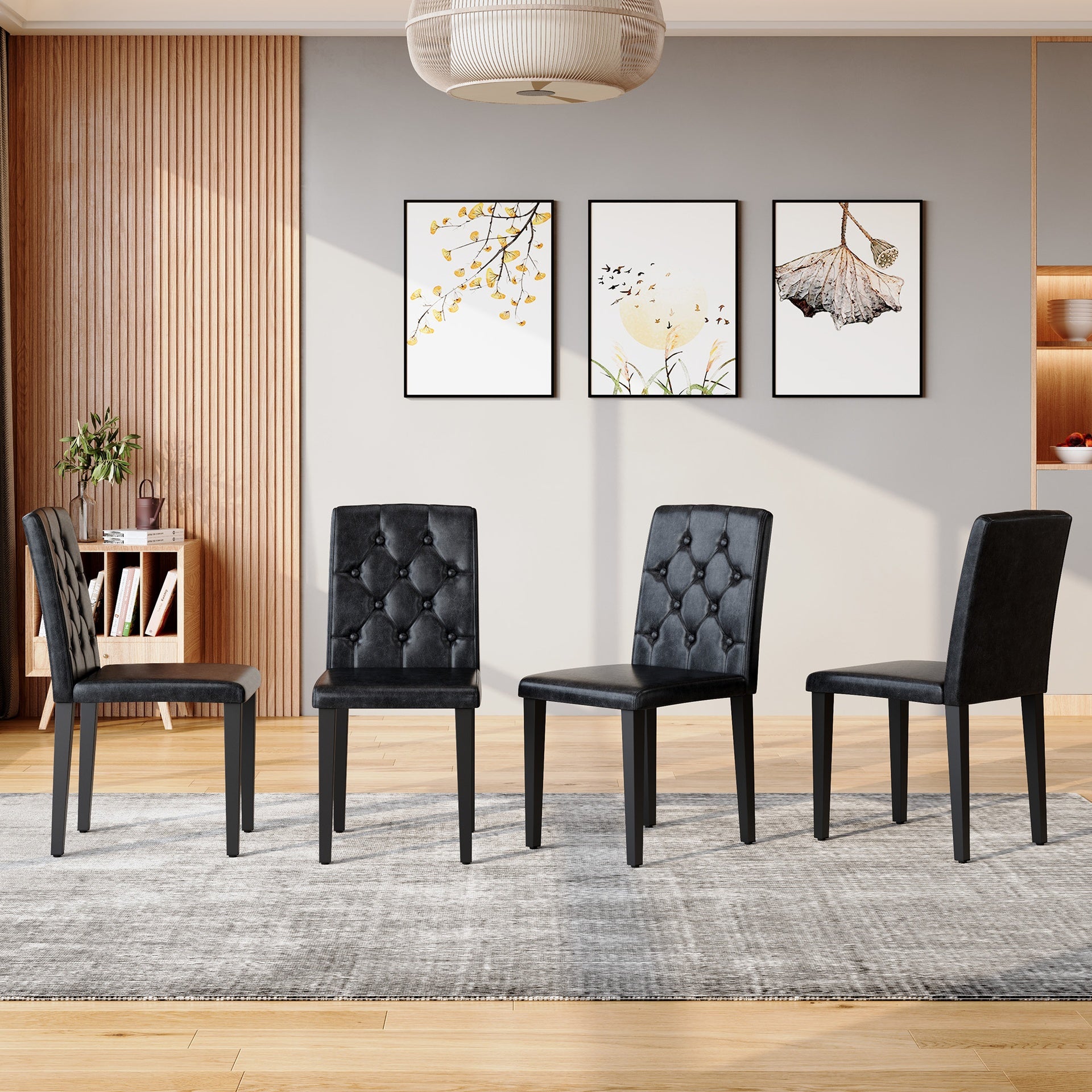 4-pack black PU dining chairs: ergonomic buckle backrest, 35 inches high, black metal legs,Combines Comfort and Texture.Perfectly suitable for family dining rooms, hotel banquet halls,etc.