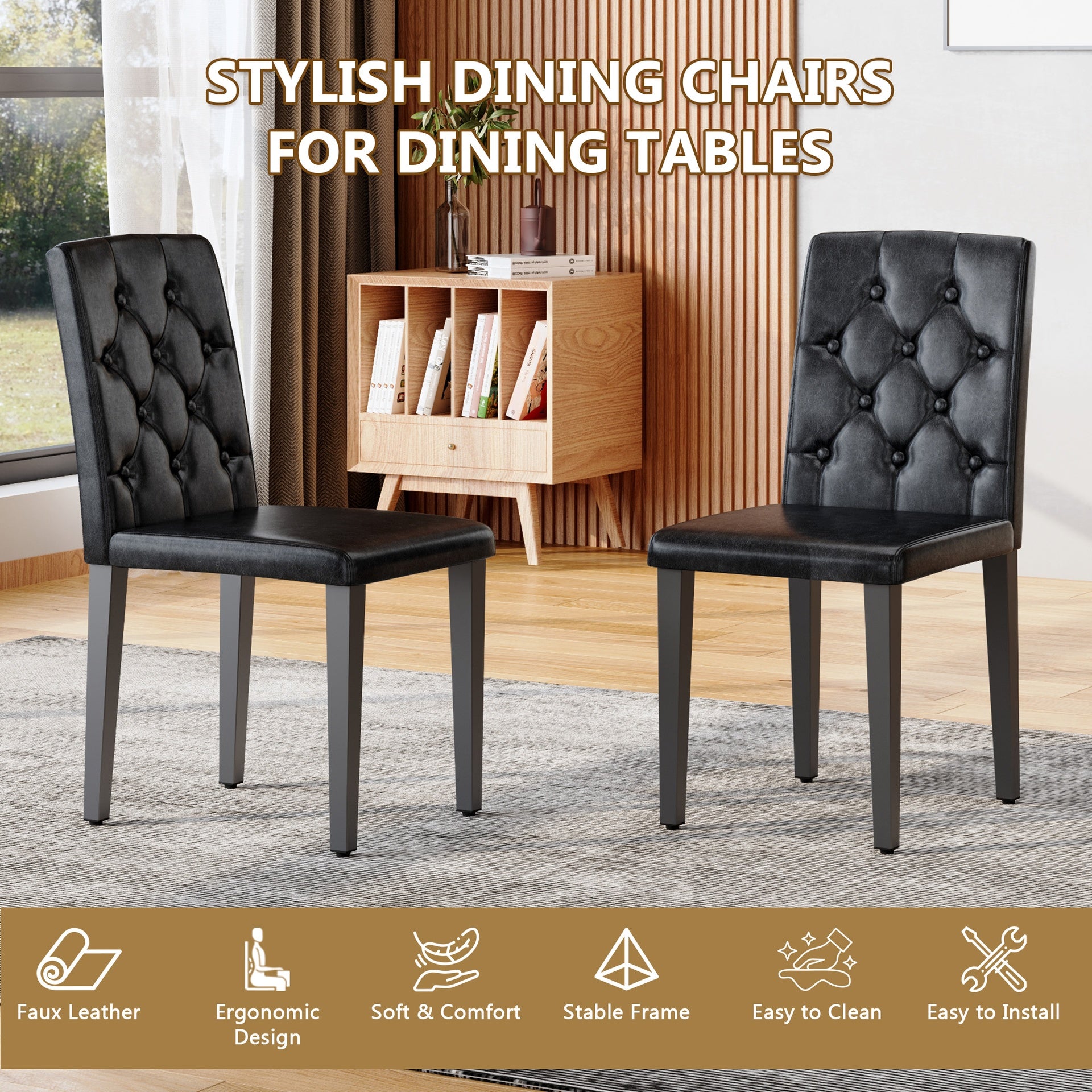 4-pack black PU dining chairs: ergonomic buckle backrest, 35 inches high, black metal legs,Combines Comfort and Texture.Perfectly suitable for family dining rooms, hotel banquet halls,etc.