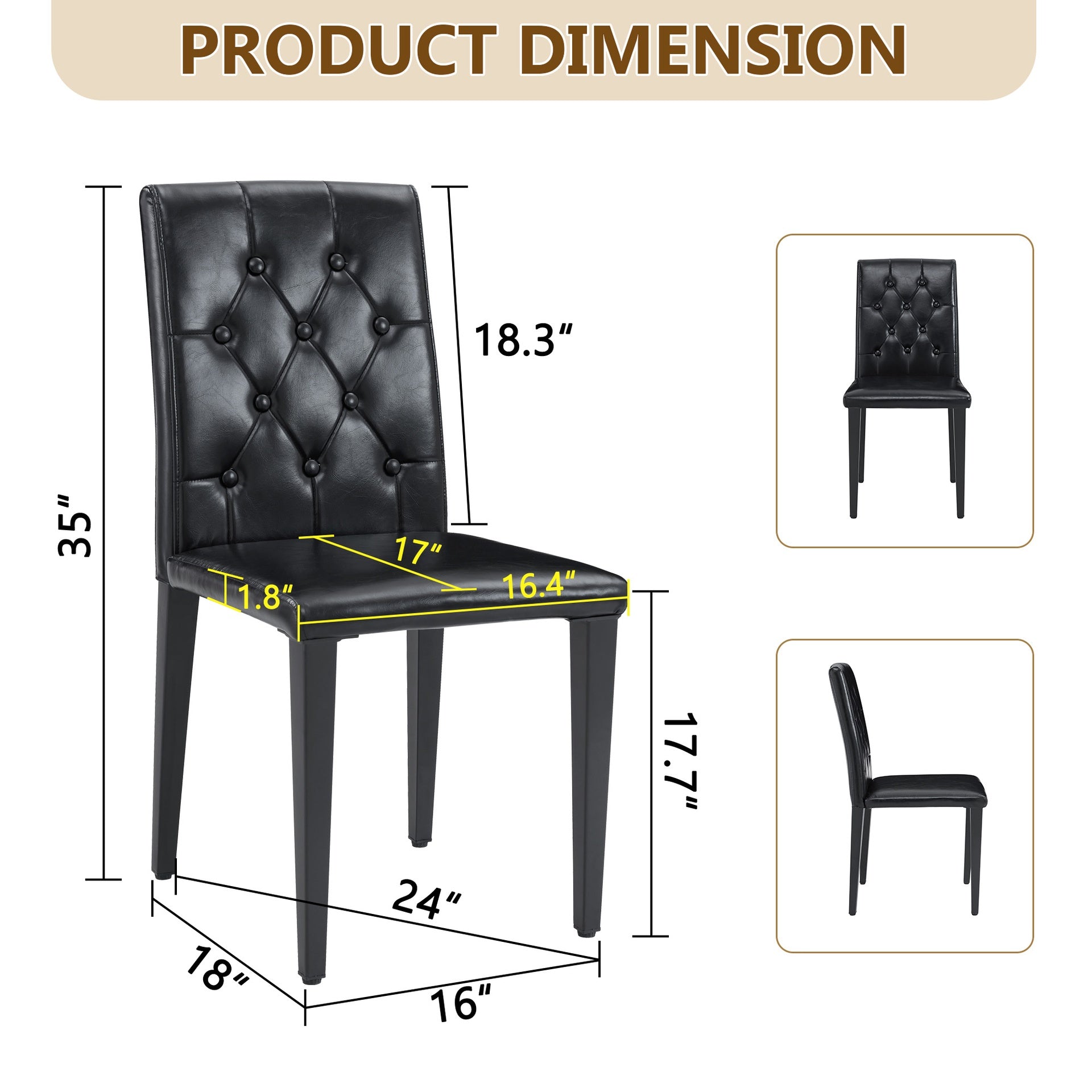 4-pack black PU dining chairs: ergonomic buckle backrest, 35 inches high, black metal legs,Combines Comfort and Texture.Perfectly suitable for family dining rooms, hotel banquet halls,etc.