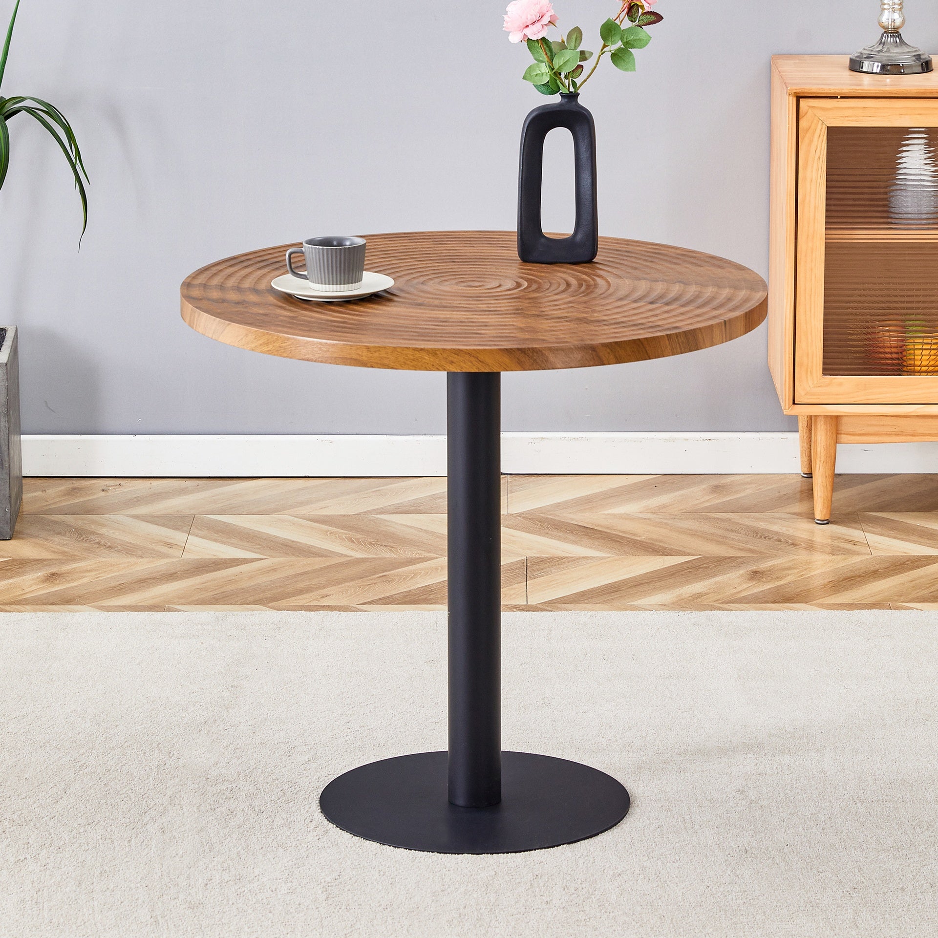 31.5 Inch Dark Wood Grain Round Dining Table - Suction Molding Annular Texture, Durable and Water-Resistant.Suction Molding Process,Dark Wood Grain Design,Black Metal Stand.
