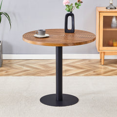 31.5 Inch Dark Wood Grain Round Dining Table - Suction Molding Annular Texture, Durable and Water-Resistant.Suction Molding Process,Dark Wood Grain Design,Black Metal Stand.